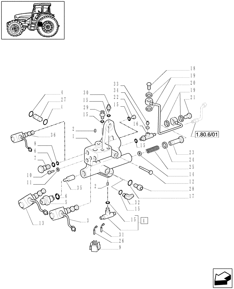 Схема запчастей Case IH JX1080U - (1.33.2/02[01A]) - (VAR.007) NA ONLY - POWER TAKEOFF - SOLENOID VALVES & SUPPORT - D5642 (04) - FRONT AXLE & STEERING