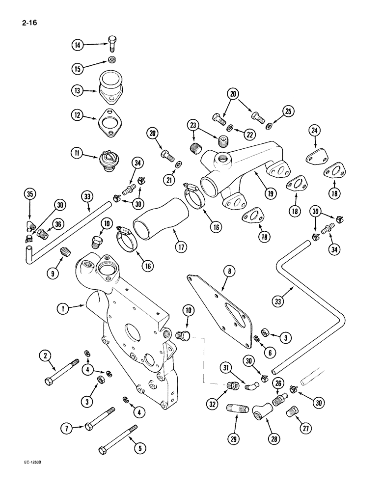 Схема запчастей Case IH 895 - (2-16) - COOLANT SYSTEM, WATER PUMP CARRIER AND COOLANT MANIFOLD (02) - ENGINE