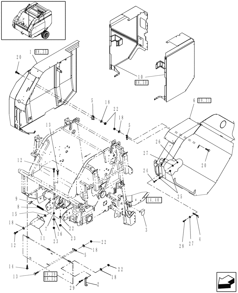 Схема запчастей Case IH RB454 - (08.10) - SHIELDS, FRONT, EUROPE & R.O.W. (08) - SHEET METAL/DECALS