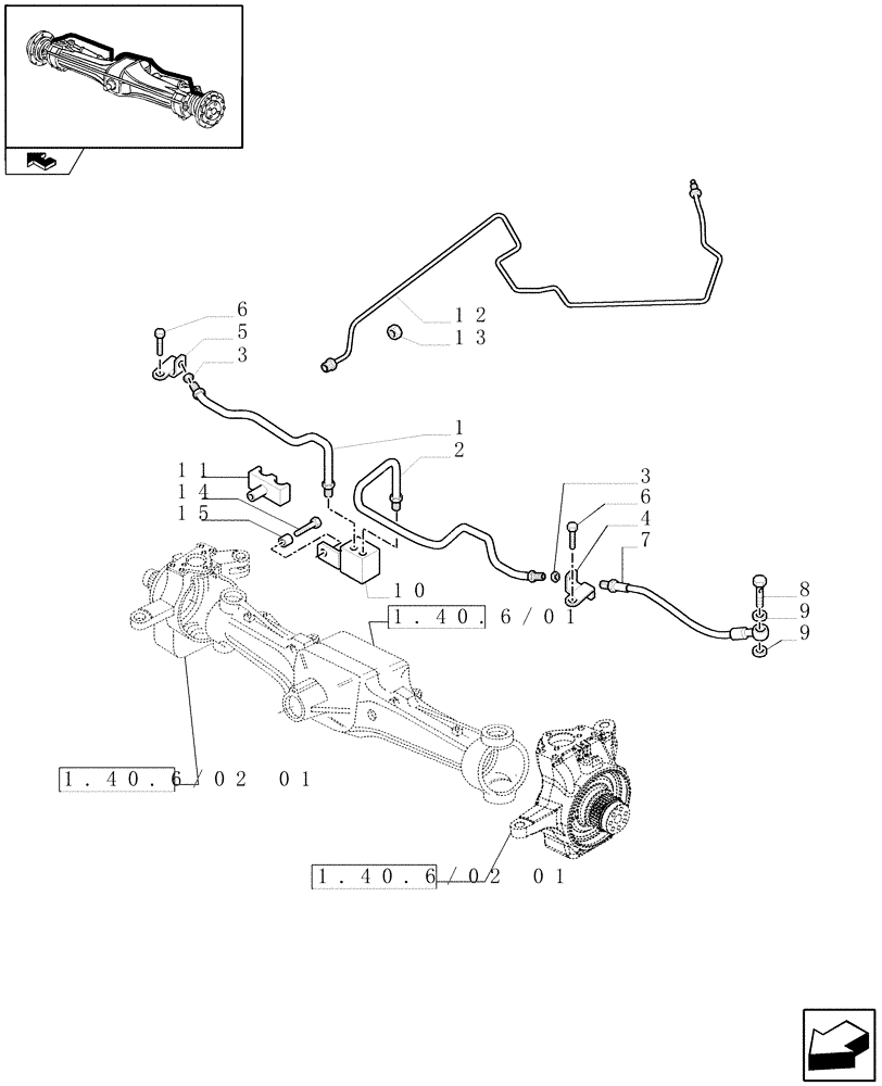 Схема запчастей Case IH MAXXUM 140 - (1.40.6/14[02]) - (CL.4) SUSPENDED FRONT AXLE W/MULTI-PLATE DIFF. LOCK, ST. SENSOR AND BRAKES - BRAKES PIPES (VAR.330430) (04) - FRONT AXLE & STEERING