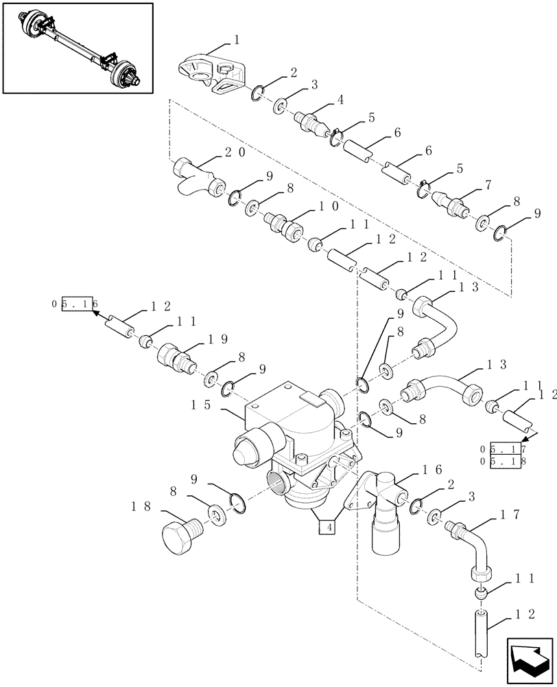 Схема запчастей Case IH LBX421R - (05.15[01]) - PNEUMATIC BRAKES, BRAKE VALVE (05) - AXLE