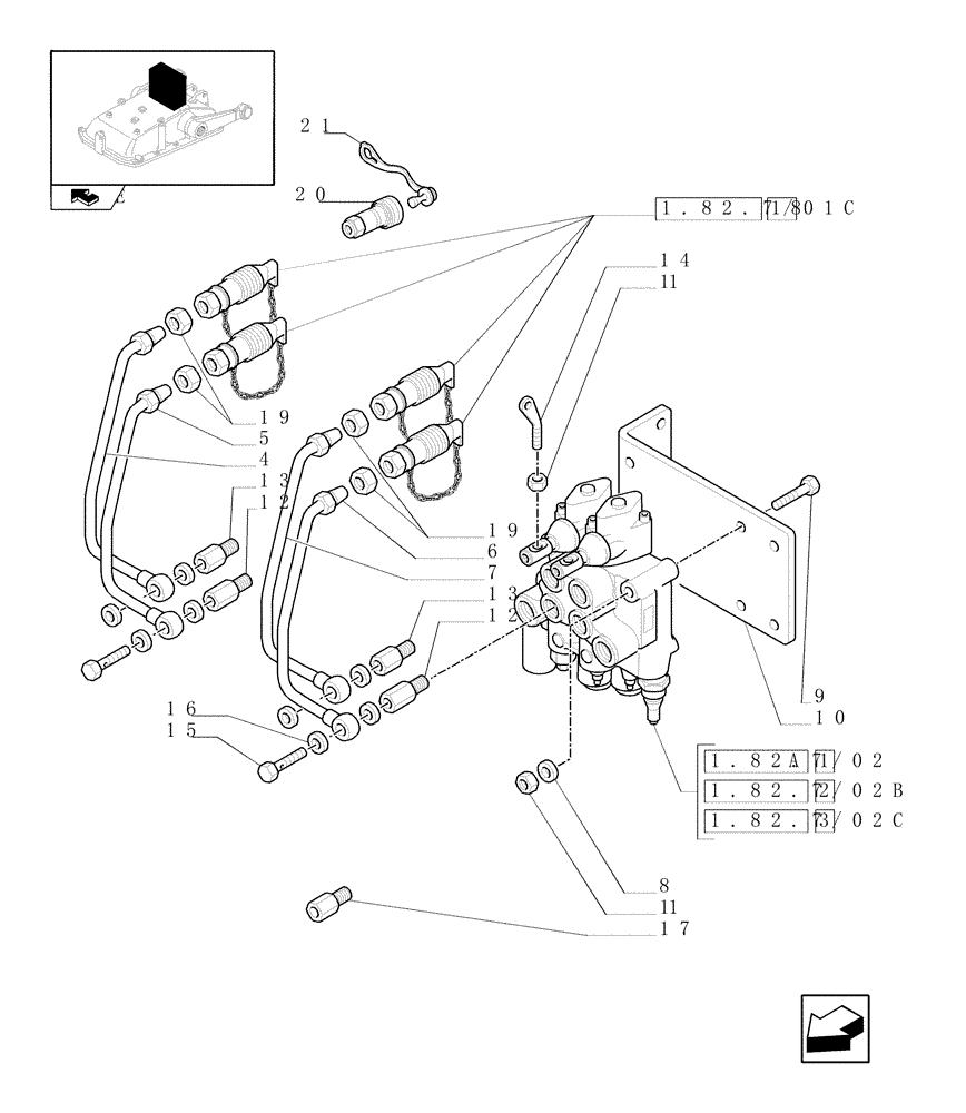 Схема запчастей Case IH FARMALL 60 - (1.82.7/02[01]) - 2 CONTROL VALVES - CONTROL VALVES AND QUICK COUPLINGS (VAR.335368-335413-335417) (07) - HYDRAULIC SYSTEM