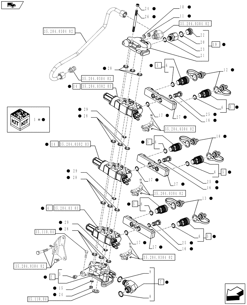 Схема запчастей Case IH FARMALL 75C - (35.204.0304[01]) - 3 REAR CONTROL VALVES WITH 6 COUPLERS - CONTROL VALVES AND QUICK COUPLERS - ISO (VAR.336108) - END YR 09-MAY-2016 (35) - HYDRAULIC SYSTEMS