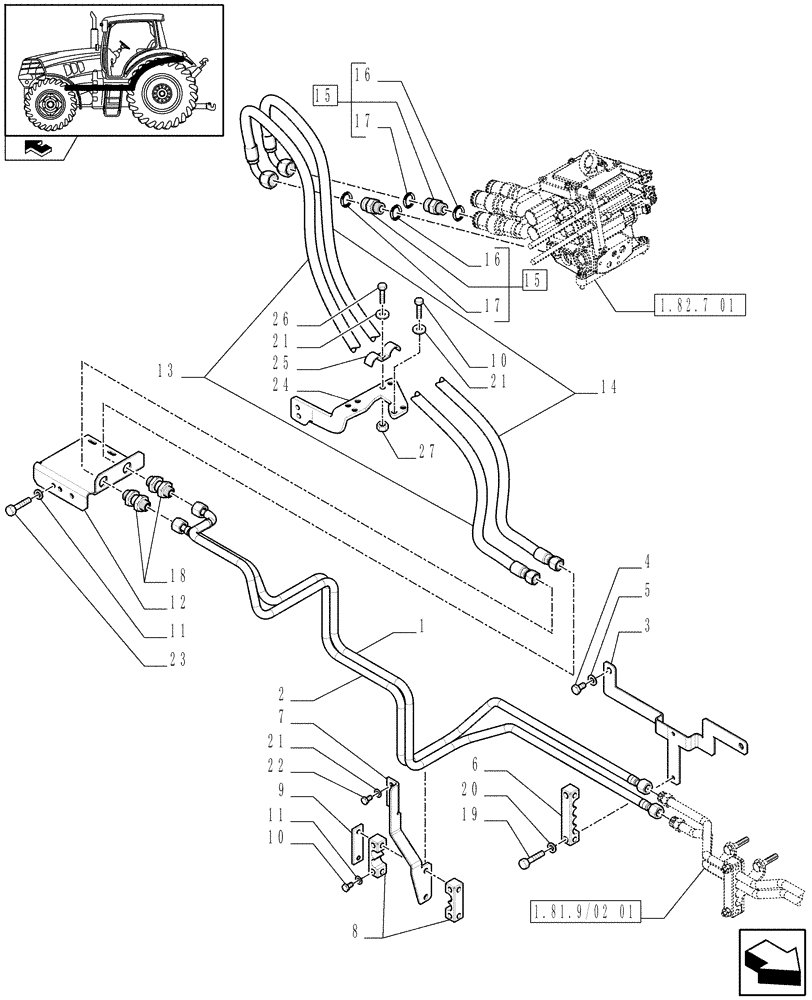 Схема запчастей Case IH PUMA 155 - (1.81.9/02[02]) - TUBES FOR FRONT HPL FROM ELECTROHYDRAULIC REMOTE VALVES (VAR.331926) (07) - HYDRAULIC SYSTEM