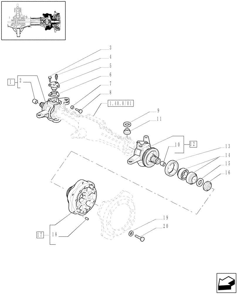 Схема запчастей Case IH JX1070U - (1.40. 0/02[01]) - FRONT AXLE 4WD - STEERING KNUCKLES, HUBS (04) - FRONT AXLE & STEERING