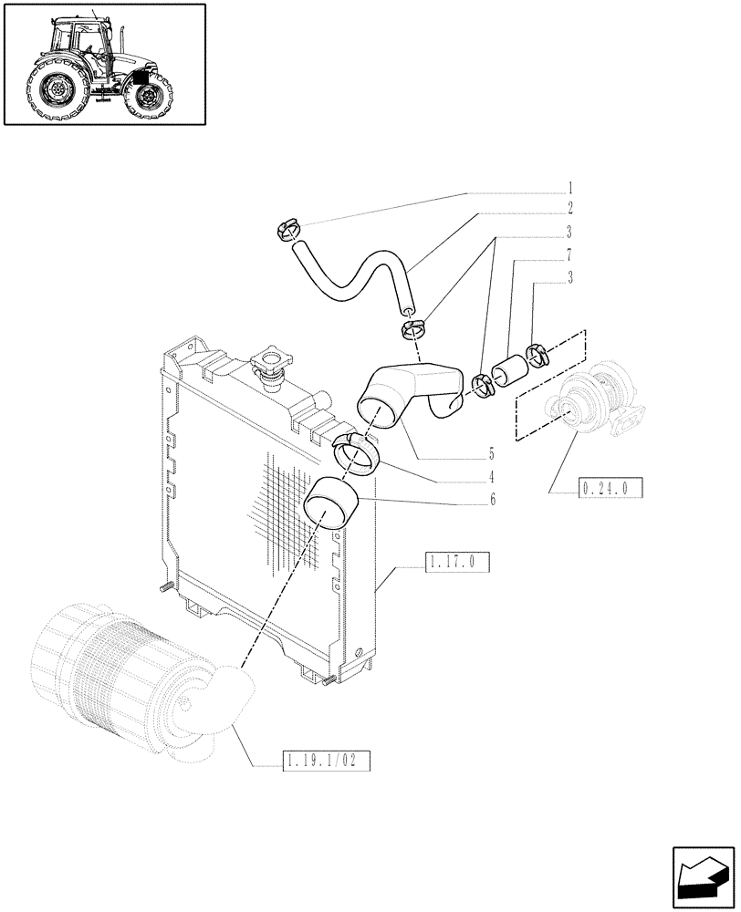 Схема запчастей Case IH JX90 - (1.19.7/02[02]) - (VAR.199) AIR FILT. DUST EJECT. - AIR CLEANER PIPING (02) - ENGINE EQUIPMENT