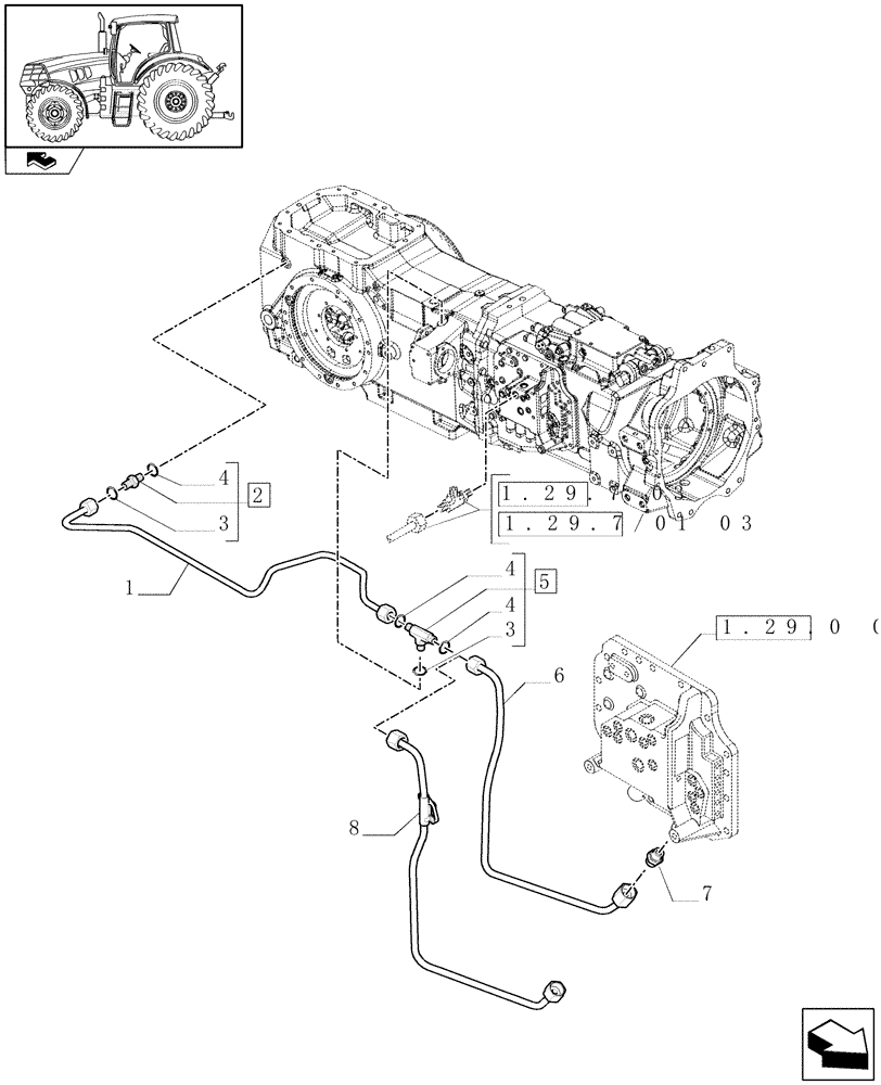 Схема запчастей Case IH MAXXUM 115 - (1.29.7/01[02]) - TRANSMISSION AND PTO, LUBRICATION PIPES (03) - TRANSMISSION