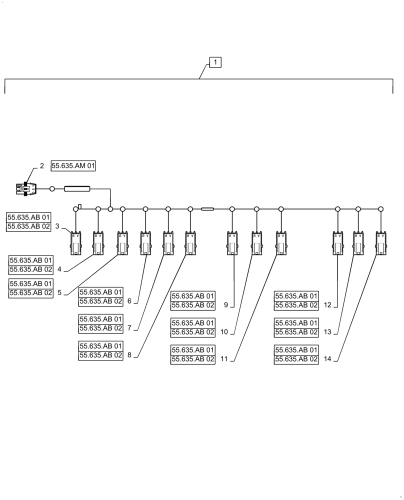 Схема запчастей Case IH 4430 - (55.100.38) - AIM COMMAND HARNESS, 6 SECTION, 100 BOOM, OUTER SECTION, 12 NOZZLES (55) - ELECTRICAL SYSTEMS