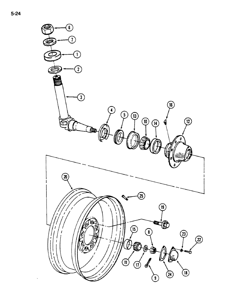 Схема запчастей Case IH 1620 - (5-024) - STEERING KNUCKLE, HUB AND WHEELS, FOR 10.00-16 AND 9.00-18 WHEELS (04) - STEERING