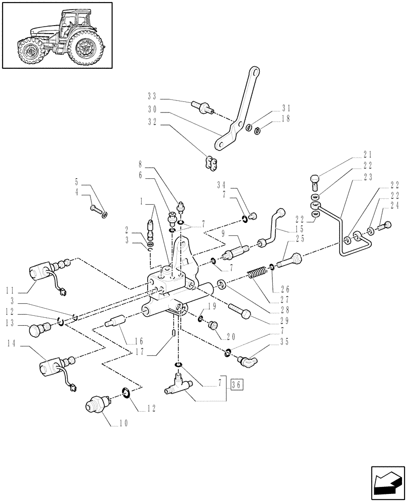 Схема запчастей Case IH JX1100U - (1.33.2[01A]) - IDLER CONTROLS 2WD - PIPES & SOLENOID VALVES - D5642 (04) - FRONT AXLE & STEERING