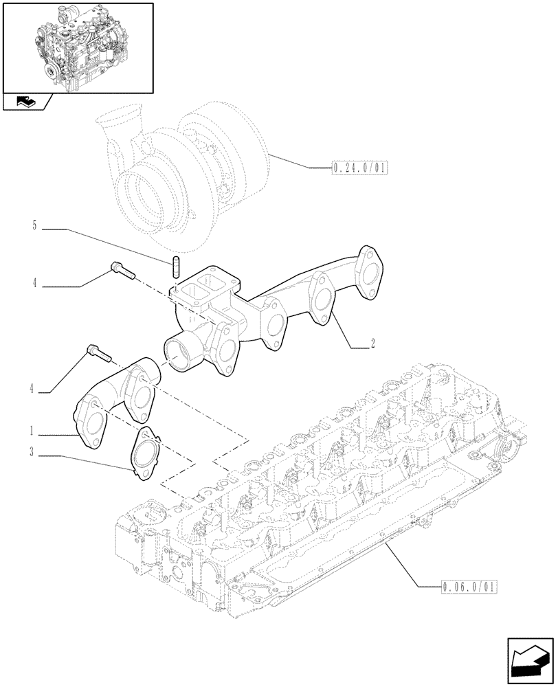 Схема запчастей Case IH MAXXUM 115 - (0.07.7/01) - EXHAUST MANIFOLD (STD + VAR.330003-332115) (01) - ENGINE