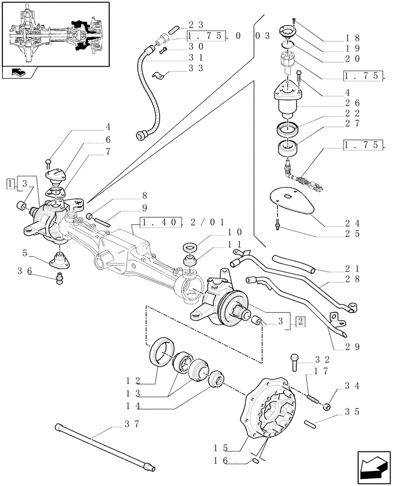 Схема запчастей Case IH PUMA 125 - (1.40.2/02) - (CL.3) SUSPENDED FRONT AXLE WITH HYDR. DIFFER. LOCK AND STEERING SENSOR - STEER. AXLES AND HUBS (VAR.330414) (04) - FRONT AXLE & STEERING