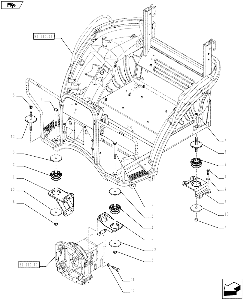 Схема запчастей Case IH FARMALL 65C - (90.110.02) - CROSS-PIECE AND RELEVANT PARTS (90) - PLATFORM, CAB, BODYWORK AND DECALS