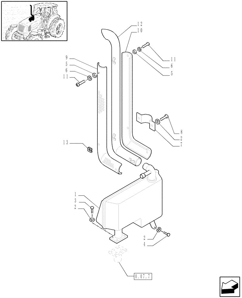 Схема запчастей Case IH JX1070U - (1.15.1/01[01]) - (VAR. 199) MUFFLER - W/CAB - GUARDS (02) - ENGINE EQUIPMENT