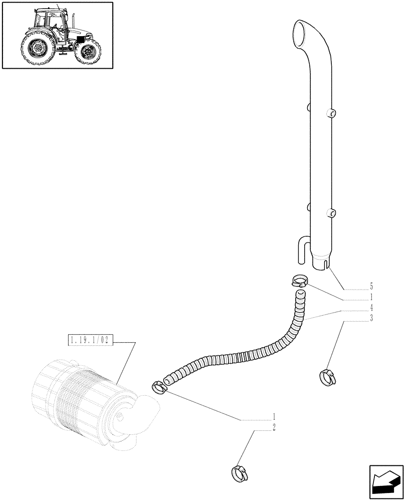 Схема запчастей Case IH JX70 - (1.19.7/02[01]) - (VAR.199) AIR FILT. DUST EJECT. - AIR CLEANER PIPING (02) - ENGINE EQUIPMENT