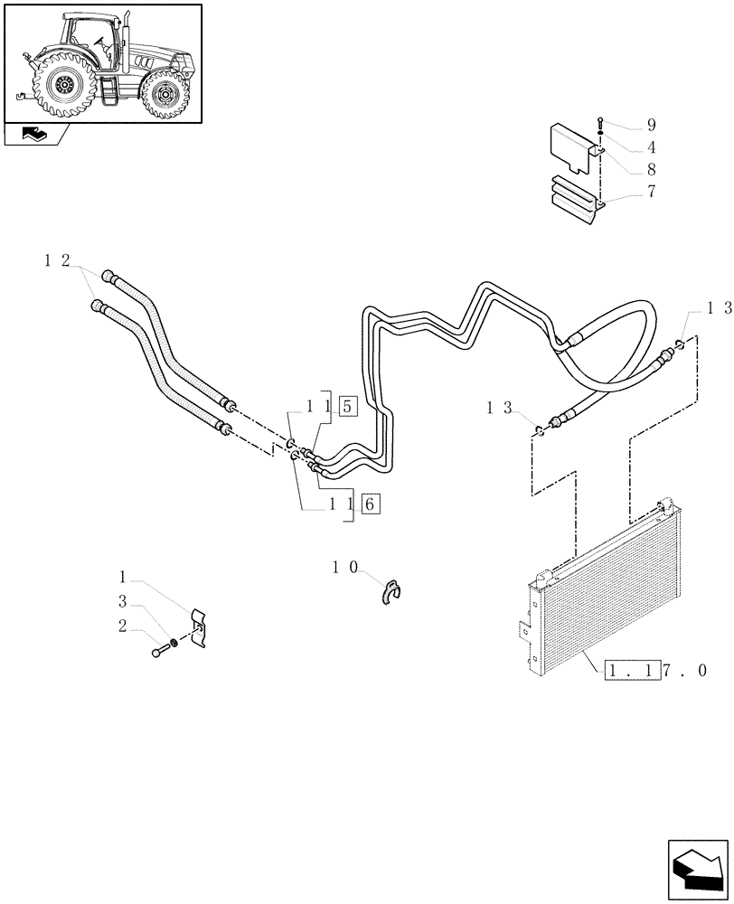 Схема запчастей Case IH MAXXUM 120 - (1.29.7[01]) - TRANSMISSION OIL COOLER - PIPES (03) - TRANSMISSION