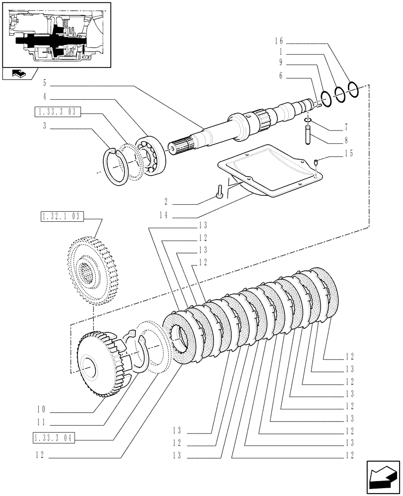 Схема запчастей Case IH PUMA 125 - (1.33.3[01]) - 4WD ENGAGEMENT CLUTCH CONTROL - DRIVE SHAFT, GUARD AND DISKS (04) - FRONT AXLE & STEERING