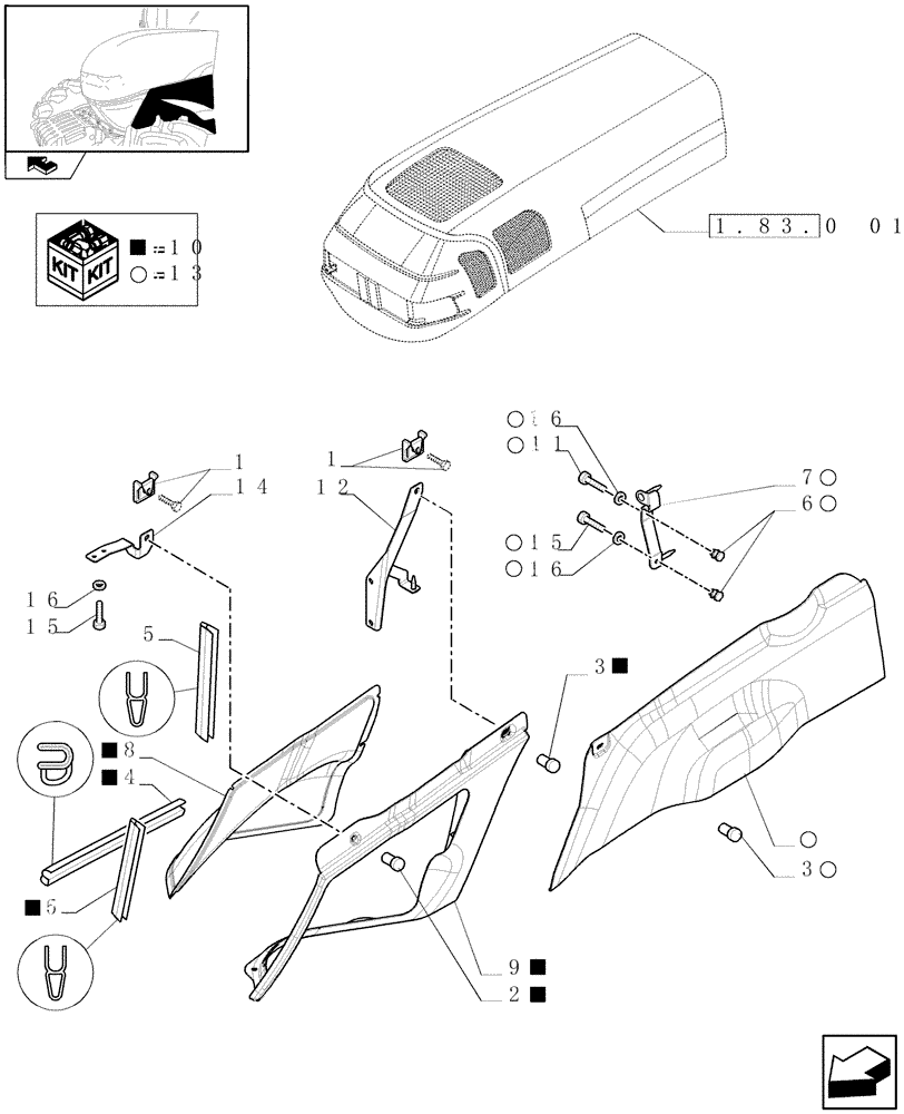 Схема запчастей Case IH FARMALL 85N - (1.83.0[04]) - LEFT HOOD SIDE PANELS, GRIDS AND HEAT PROTECTIONS (08) - SHEET METAL