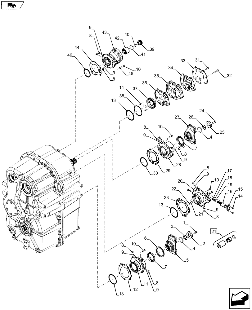 Схема запчастей Case IH QUADTRAC 600 - (21.113.06) - POWER SHIFT TRANSMISSION - FRONT HOUSING YOKES AND RETAINERS, PS6, 9C (21) - TRANSMISSION