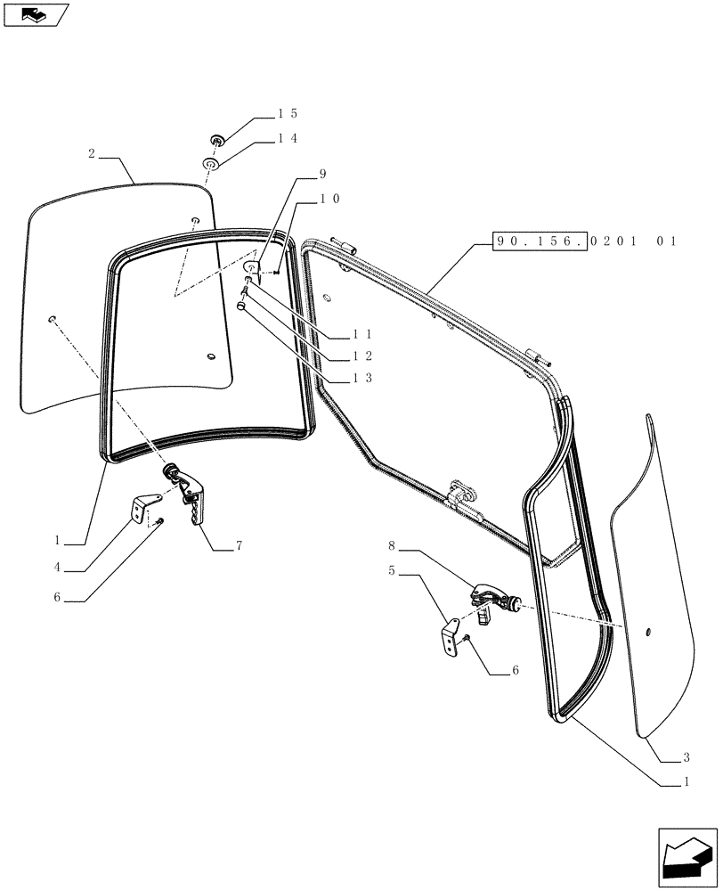 Схема запчастей Case IH FARMALL 75C - (90.156.0201[02]) - CAB WITH OPENABLE SIDLE GLASSES - SIDE GLASSES (VAR.332606-337606 / 743573; VAR.331606-336606-339606) (90) - PLATFORM, CAB, BODYWORK AND DECALS