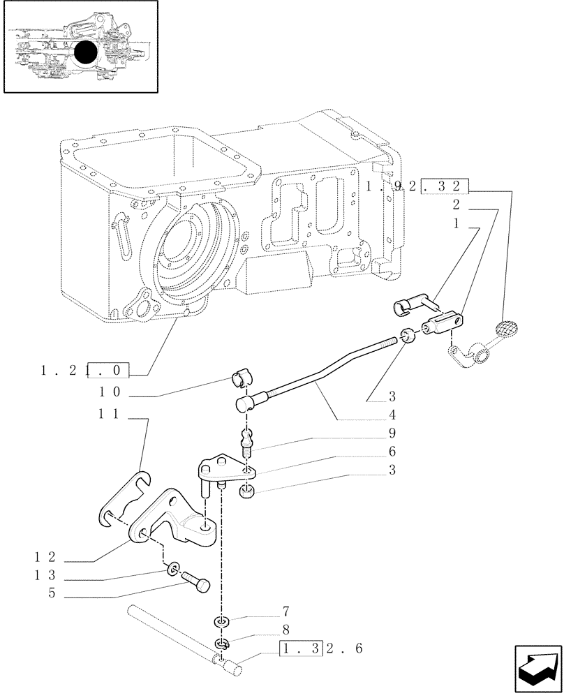 Схема запчастей Case IH JX1095N - (1.32.7) - 2WD DIFFERENTIAL LOCK CONTROL, CONTROL LEVERS AND ROD (03) - TRANSMISSION