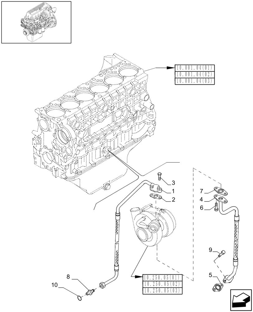 Схема запчастей Case IH 7010 - (10.250.09[01]) - TURBOCHARGER OIL TUBES - 8010 (10) - ENGINE