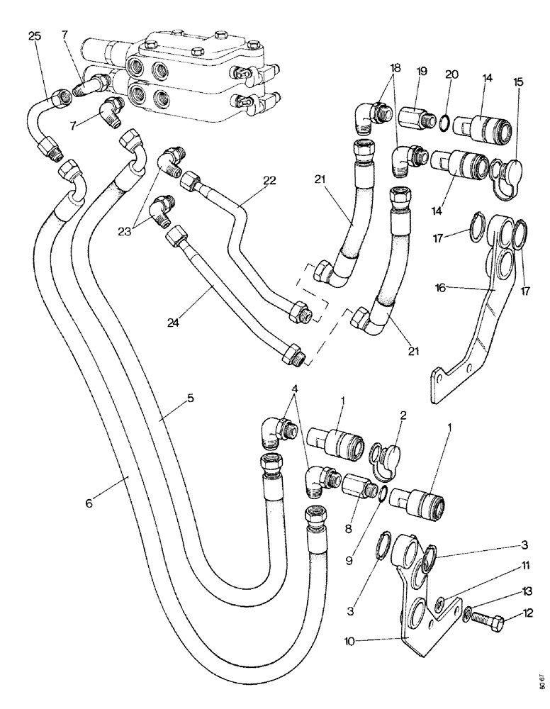 Схема запчастей Case IH 1490 - (K22-1) - PIPES AND COUPLINGS FOR TWO SECTION REMOTE VALVE, LOW PROFILE, HIGH PLATFORM, CAB MODEL (07) - HYDRAULICS