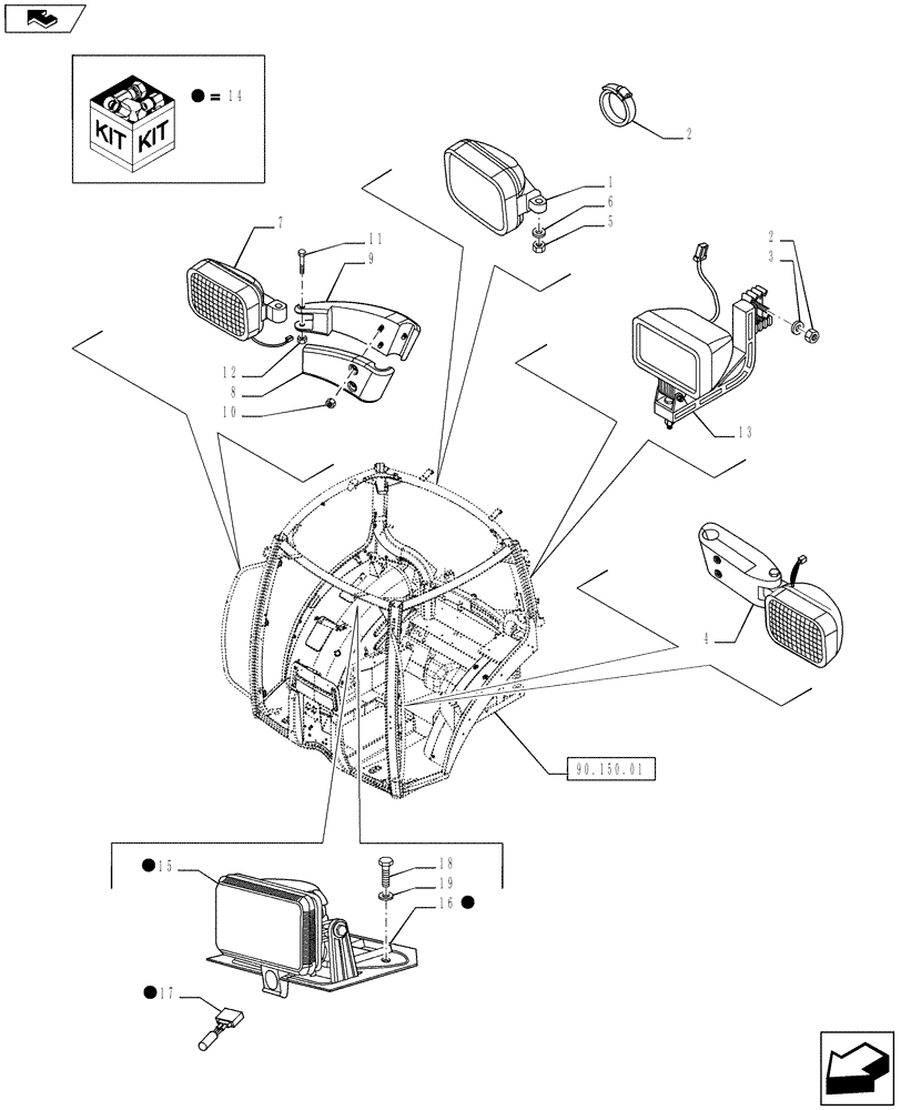 Схема запчастей Case IH PUMA 160 - (55.404.06) - VAR - 743717, 330786 - WORKLAMPS FOR ROOF WITH HIGH PROFILE (55) - ELECTRICAL SYSTEMS