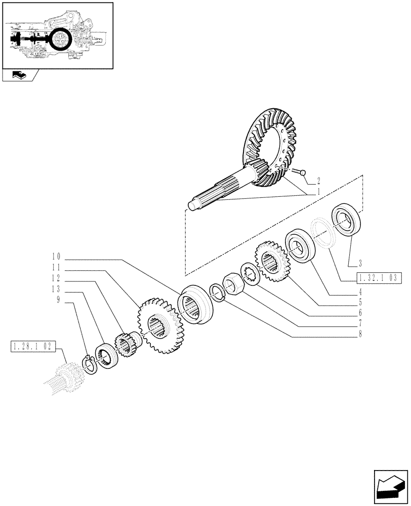 Схема запчастей Case IH FARMALL 60 - (1.32.1[01]) - CENTRAL REDUCER GEARING - BEVEL GEAR PAIR (03) - TRANSMISSION