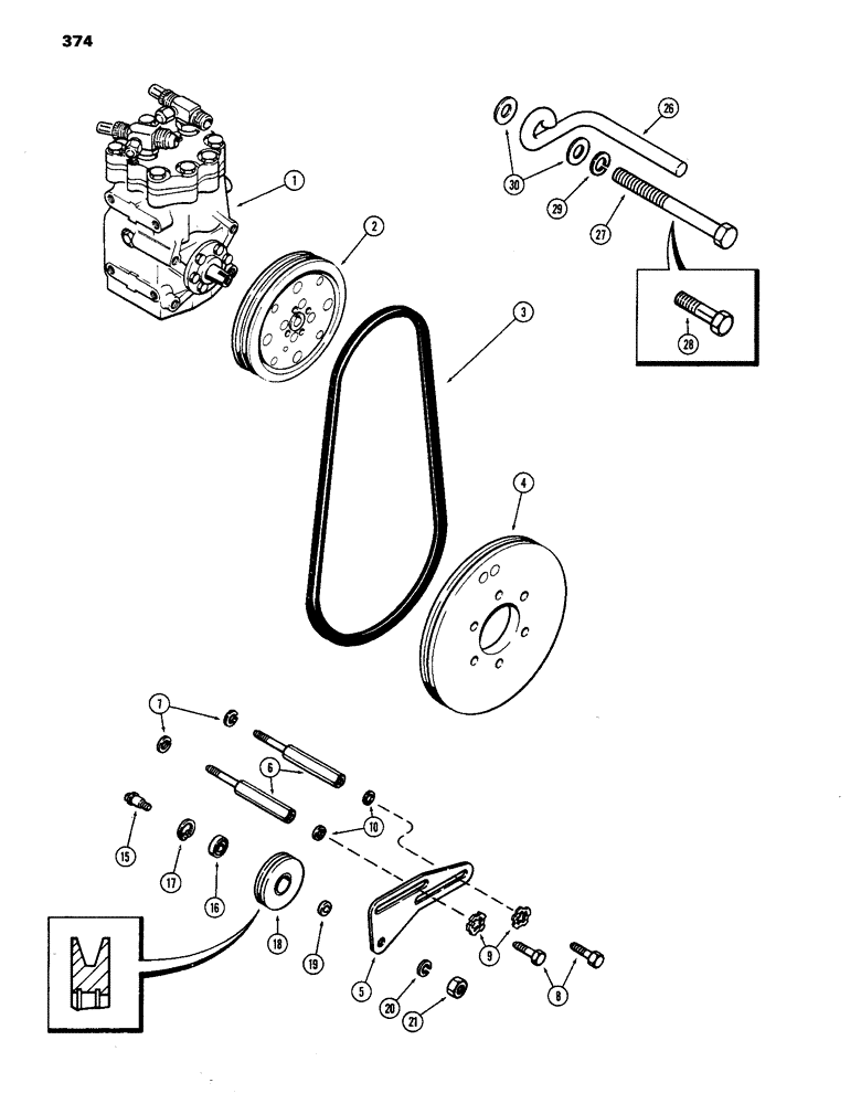 Схема запчастей Case IH 770 - (374) - CAB, COMPRESSOR CLUTCH DRIVE, 1ST USED TRACTOR S/N 8693001, FOR 1/2" PULLEY AND BELT (09) - CHASSIS/ATTACHMENTS