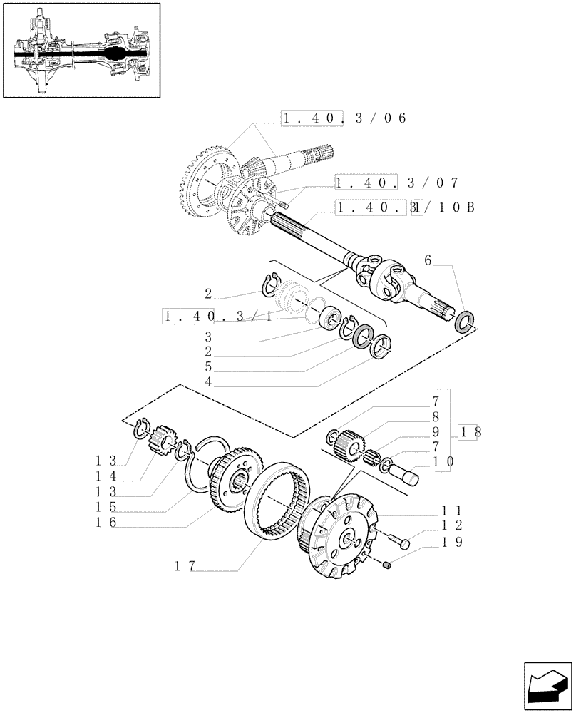 Схема запчастей Case IH MXM155 - (1.40.3/10[02]) - (VAR.420) 4WD FRONT AXLE WITH SUSP. AND TERRALOCK -SEMI POWER SHIFT - GEARS AND DIFFERENTIAL SHAFT (04) - FRONT AXLE & STEERING