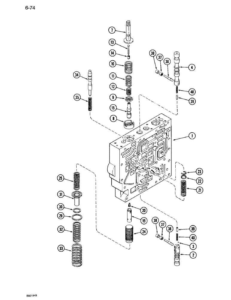 Схема запчастей Case IH 7110 - (6-074) - TRANSMISSION CONTROL VALVE ASSEMBLY, BODY SECTION AND CLUTCH SPOOLS, TWO SPEED REVERSE VALVES (06) - POWER TRAIN