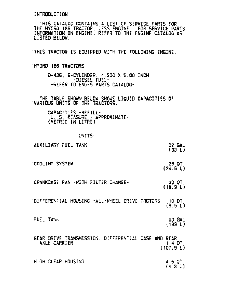 Схема запчастей Case IH HYDRO 186 - (00-04) - INTRODUCTION - FLUID CAPACITIES (00) - GENERAL