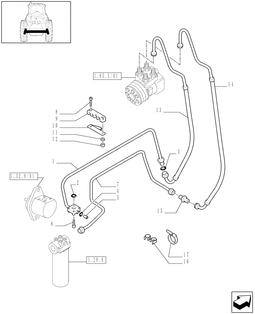 Схема запчастей Case IH MAXXUM 140 - (1.42.0/01[01A]) - POWER STEERING DELIVERY AND RETURN PIPES FOR 24X24 TRANSMISSION - D6533 - C6554 (04) - FRONT AXLE & STEERING