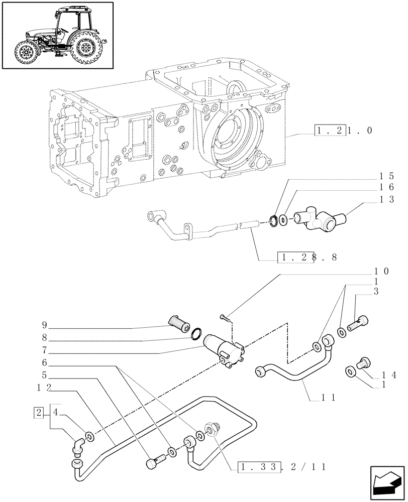 Схема запчастей Case IH JX1060C - (1.28.8/08) - (VAR.065-066) TRANSMISSION WITH SYNCHRO GEAR AND POWER SHUTTLE - UNIONS AND PIPES (03) - TRANSMISSION