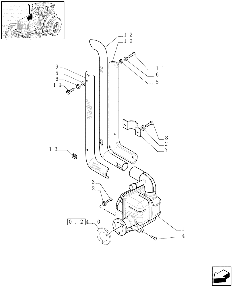 Схема запчастей Case IH JX1090U - (1.15.1/01[03]) - (VAR. 199) MUFFLER - W/CAB - GUARDS (02) - ENGINE EQUIPMENT