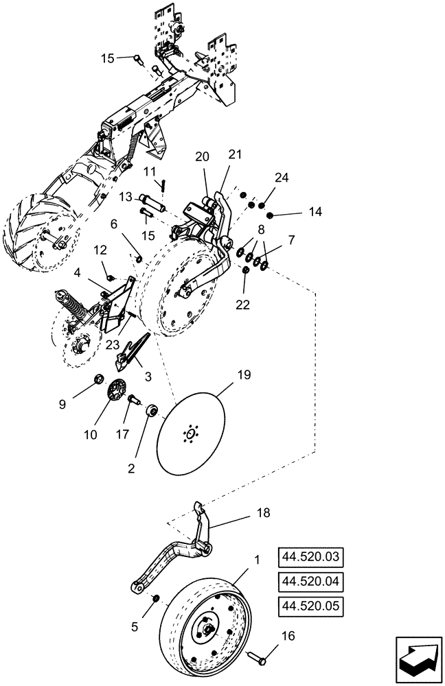 Схема запчастей Case IH 1240 - (75.200.11[01]) - DISC OPENER & GAUGE WHEEL, WITH LH LEADING DISC OPENER (RH SIDE OF PLANTER) (75) - SOIL PREPARATION