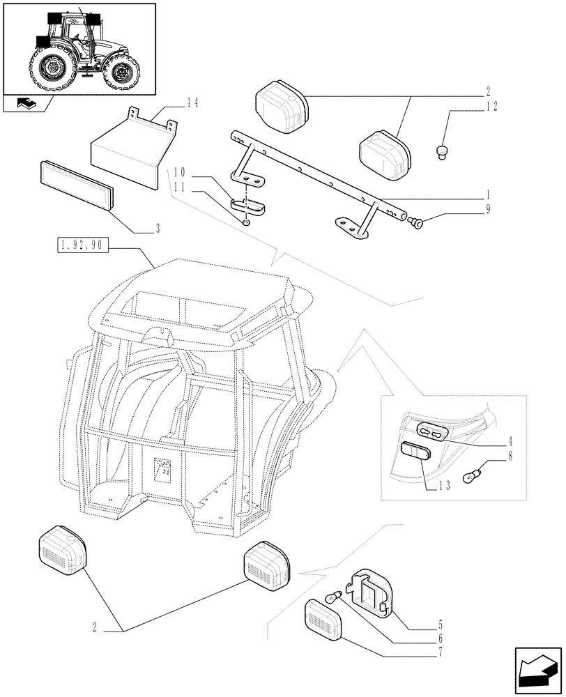 Схема запчастей Case IH FARMALL 90 - (1.92.76) - NA PACKAGE - WORKING LIGHTS - W/CAB (VAR.330007) (10) - OPERATORS PLATFORM/CAB