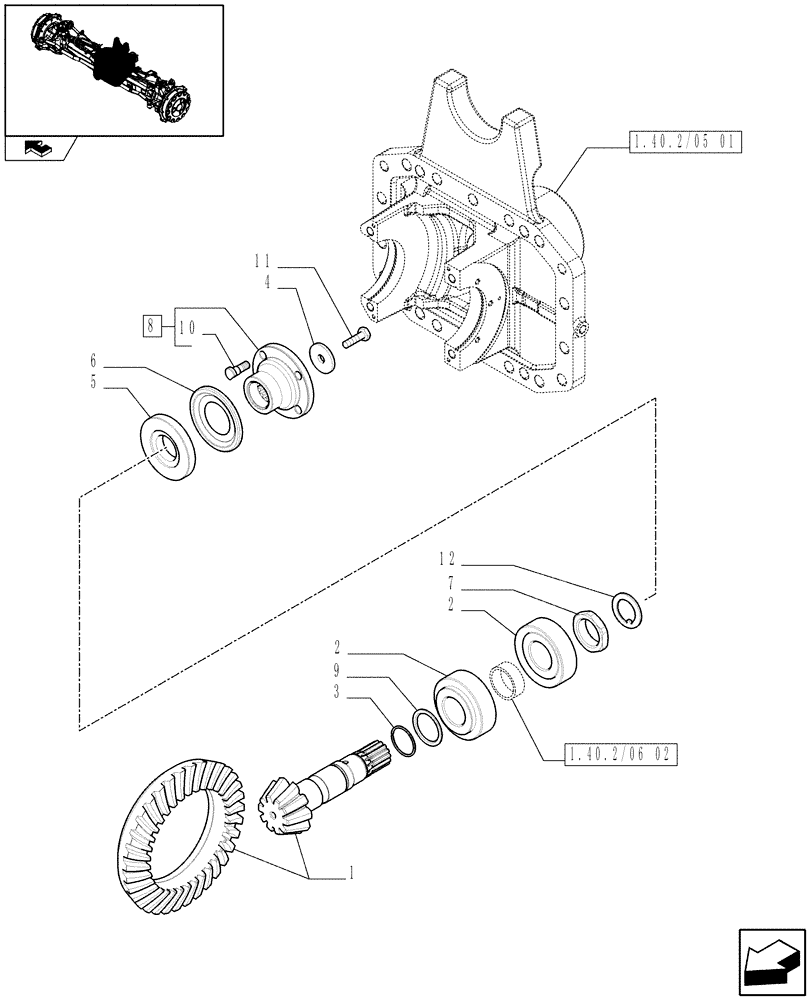 Схема запчастей Case IH PUMA 225 - (1.40.2/06[01]) - (VAR.463) FRONT AXLE WITH ACTIVE SUSPENSIONS - BEVEL GEAR PAIR (04) - FRONT AXLE & STEERING