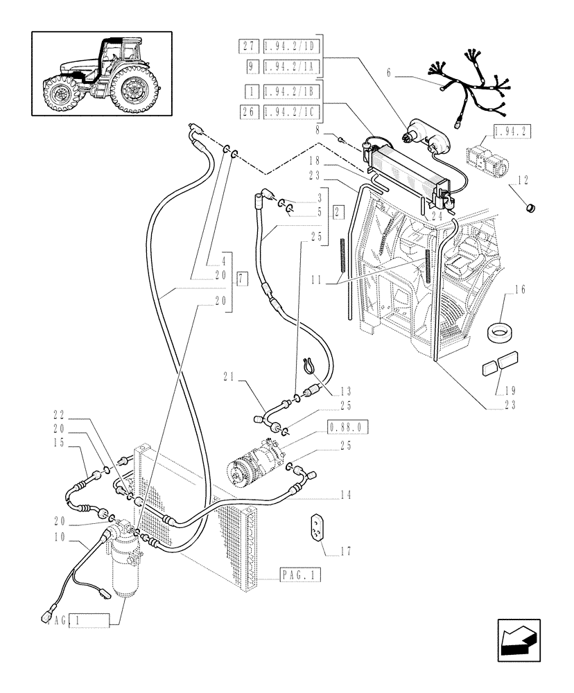 Схема запчастей Case IH JX100U - (1.94.2/01[02]) - (VAR.641-623) AIR CONDITIONING - PIPES & ELECTRIC CABLES (10) - OPERATORS PLATFORM/CAB