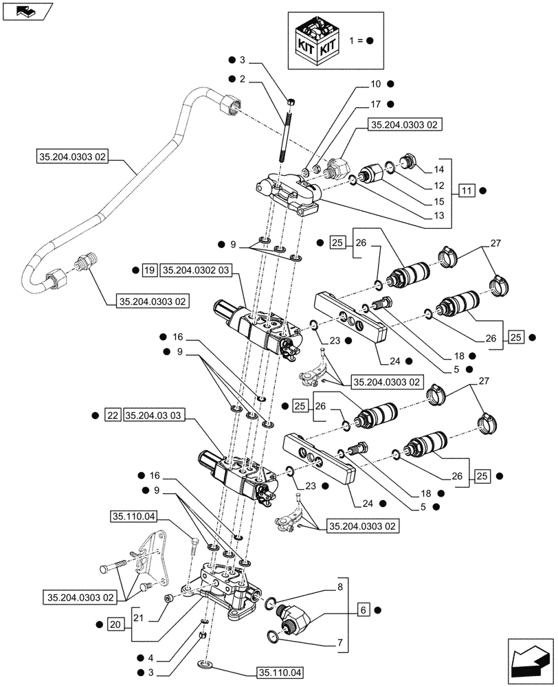 Схема запчастей Case IH FARMALL 75C - (35.204.0303[01]) - 2 REAR CONTROL VALVES WITH 4 DELUXE COUPLERS - CONTROL VALVES AND QUICK COUPLERS (VAR.334107 / 743569; VAR.333195) - END YR 09-MAY-2016 (35) - HYDRAULIC SYSTEMS