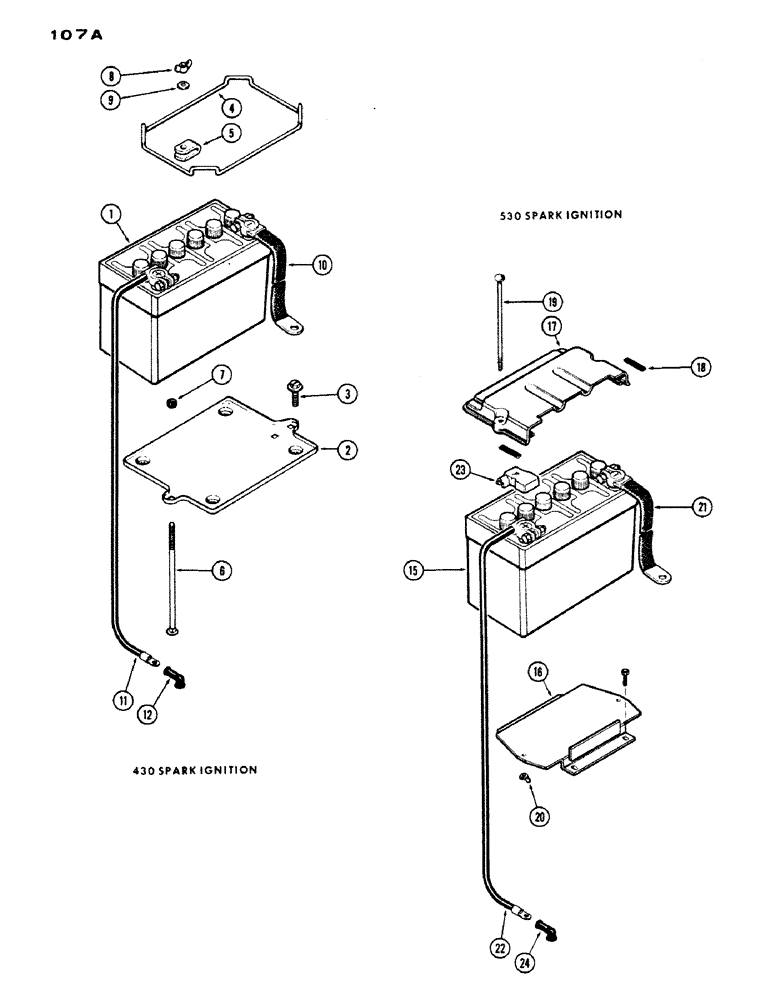 Схема запчастей Case IH 430 - (107A) - BATTERY AND ATTACHING PARTS, 430, 148, SPARK IGNITION ENGINE (04) - ELECTRICAL SYSTEMS