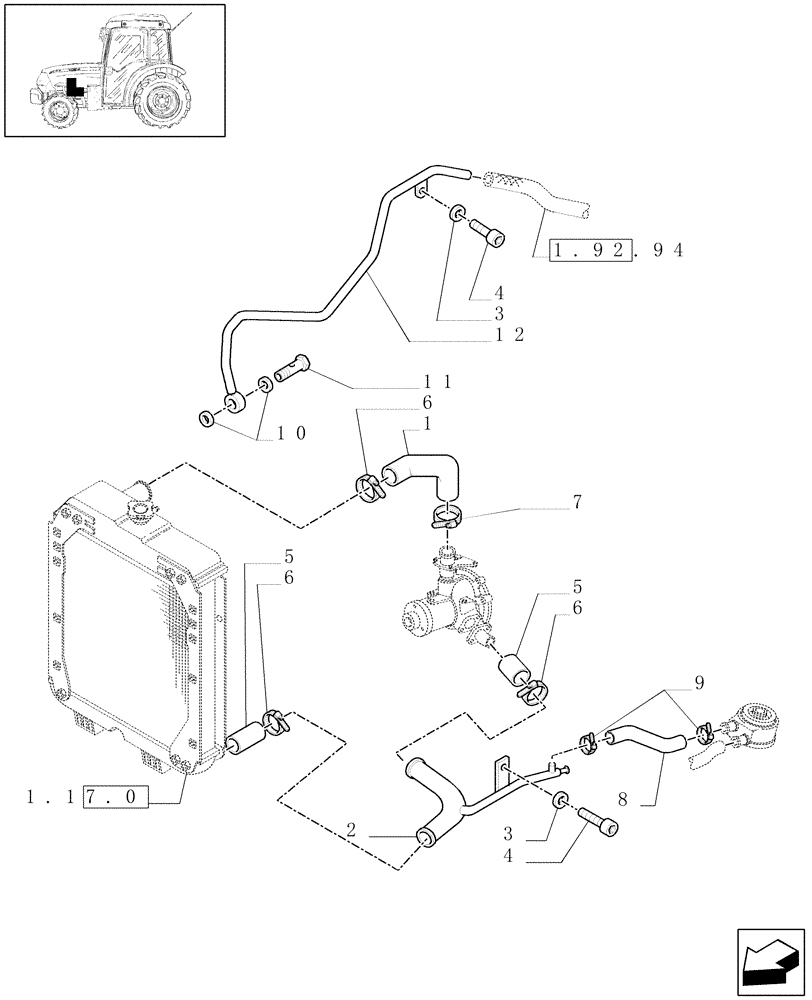 Схема запчастей Case IH JX1095N - (1.17.2/01) - RADIATOR HOSES - W/CAB (02) - ENGINE EQUIPMENT