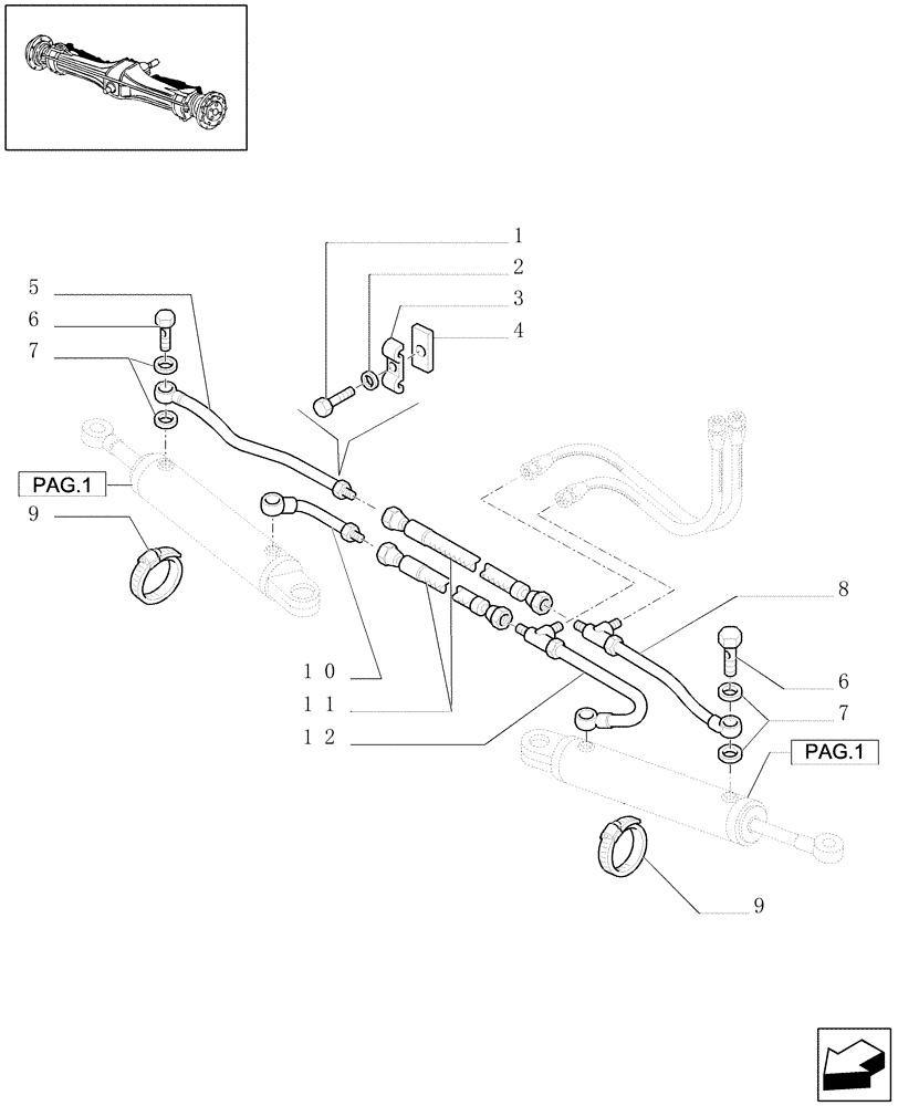 Схема запчастей Case IH MXU115 - (1.40.0/12[03]) - 4WD CL.3 FRONT AXLE - HYDRAULIC STEERING CYLINDER - PIPES (04) - FRONT AXLE & STEERING