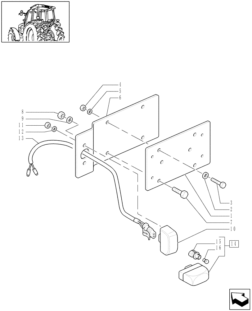 Схема запчастей Case IH MXU115 - (1.98.3[02]) - (VAR.965) LICENSE PLATE LAMP & SUPPORT, MOUNTING ON MUDGUARD (L/CAB) (10) - OPERATORS PLATFORM/CAB