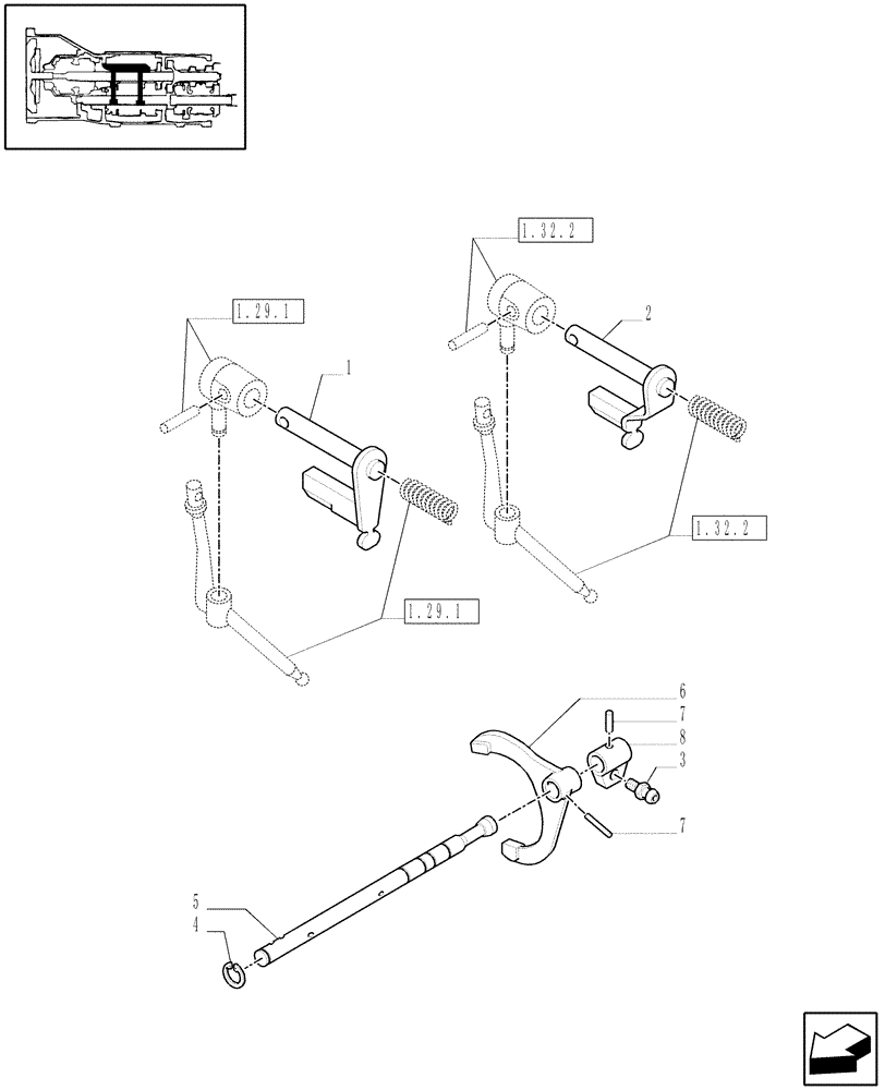 Схема запчастей Case IH JX1075N - (1.29.1/05[01]) - (VAR.297) HI-LO NA - TRANSMISSION, INTERNAL SHIFTING CONTROLS, ROD AND FORK (03) - TRANSMISSION