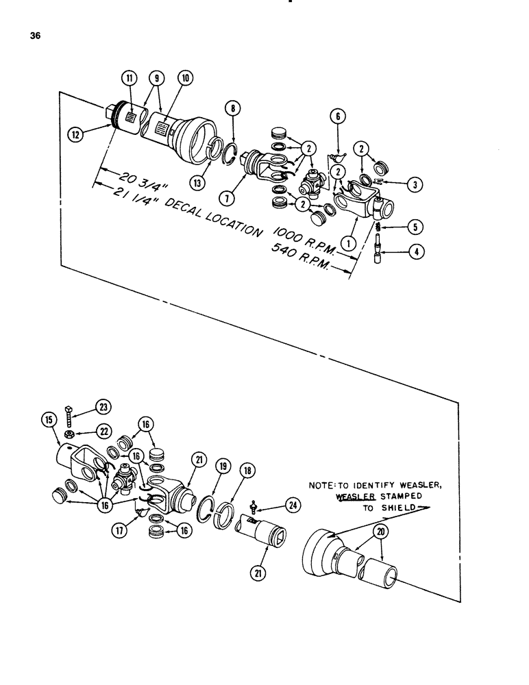 Схема запчастей Case IH 3650 - (36) - POWER TAKE OFF DRIVE SHAFT, WEASLER, P.I.N. 000756 THROUGH 001530 