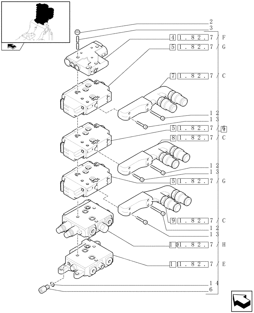 Схема запчастей Case IH MAXXUM 110 - (1.82.7[03]) - 3 ELECTROHYDRAULIC REAR REMOTE CONTROL VALVES (EHS1) - VALVE SECTIONS AND QUICK COUPLERS (07) - HYDRAULIC SYSTEM