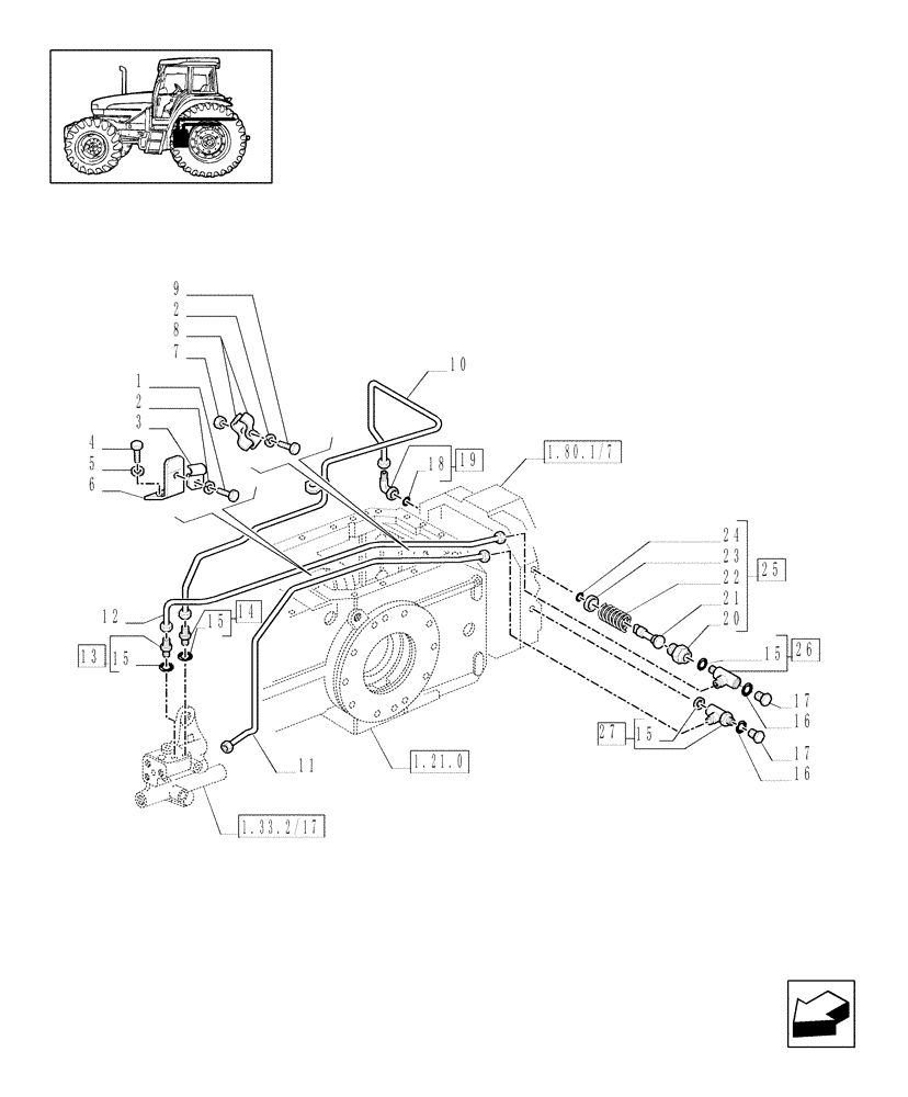 Схема запчастей Case IH JX70U - (1.80.6/04[01]) - (VAR.729) SYNCHRO MESH GEARED POWER TAKE -OFF540 - 750 - 1000 RPM - PIPES (07) - HYDRAULIC SYSTEM