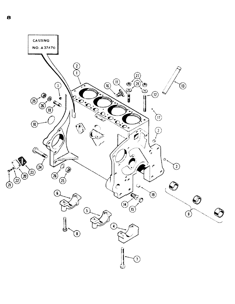 Схема запчастей Case IH 430 - (008) - CYLINDER BLOCK ASSEMBLY, 430, 148B, SPARK IGNITION ENGINE (02) - ENGINE